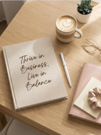 Desk workspace with Thrive in Business Live in Balance journal and coffee