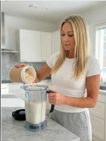 Making a healthy smoothie in the kitchen