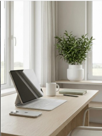 Minimalist workspace with laptop and tablet