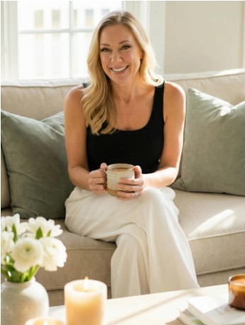 Relaxing with coffee on the couch in neutral tones