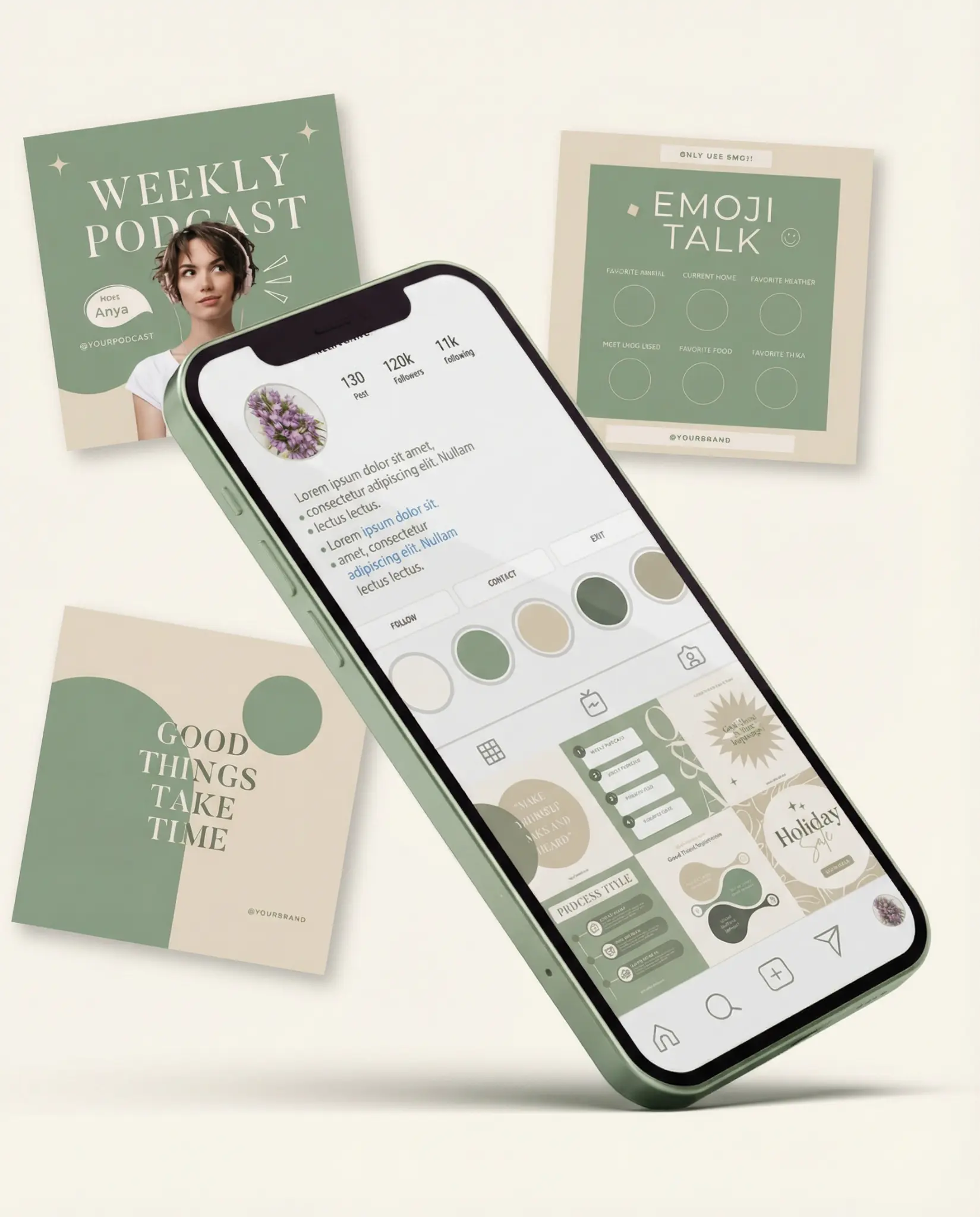 Ultimate Social Media Bundle mockup showing phone with Instagram templates, sage green cards, and minimalist workspace